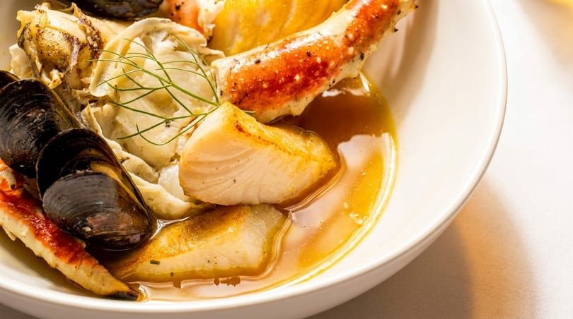 Close-up of a seafood stew with mussels, crab legs, and white fish in a rich broth.