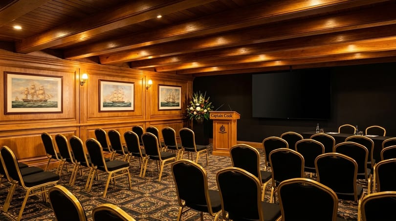 A conference room with wooden walls, ship paintings, a podium, and rows of black and gold chairs.