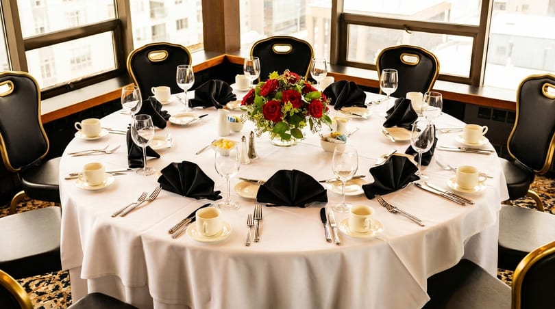 A round dining table set with white tablecloth, black napkins, and a red rose centerpiece.